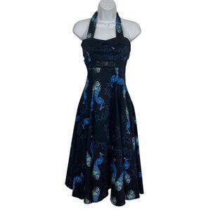 Collectif 50s Style Peacock Print Halter Dress Womens 8 Pin Up Rockabilly Prom